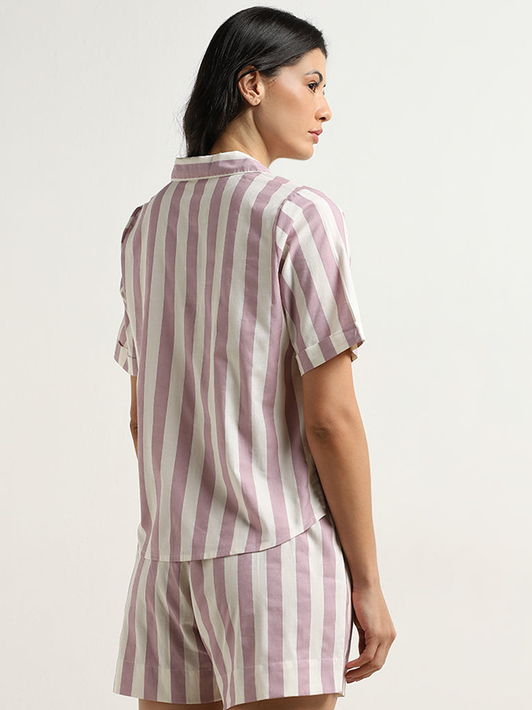 Wunderlove Dusty Pink Striped Cotton Shirt with Shorts Set