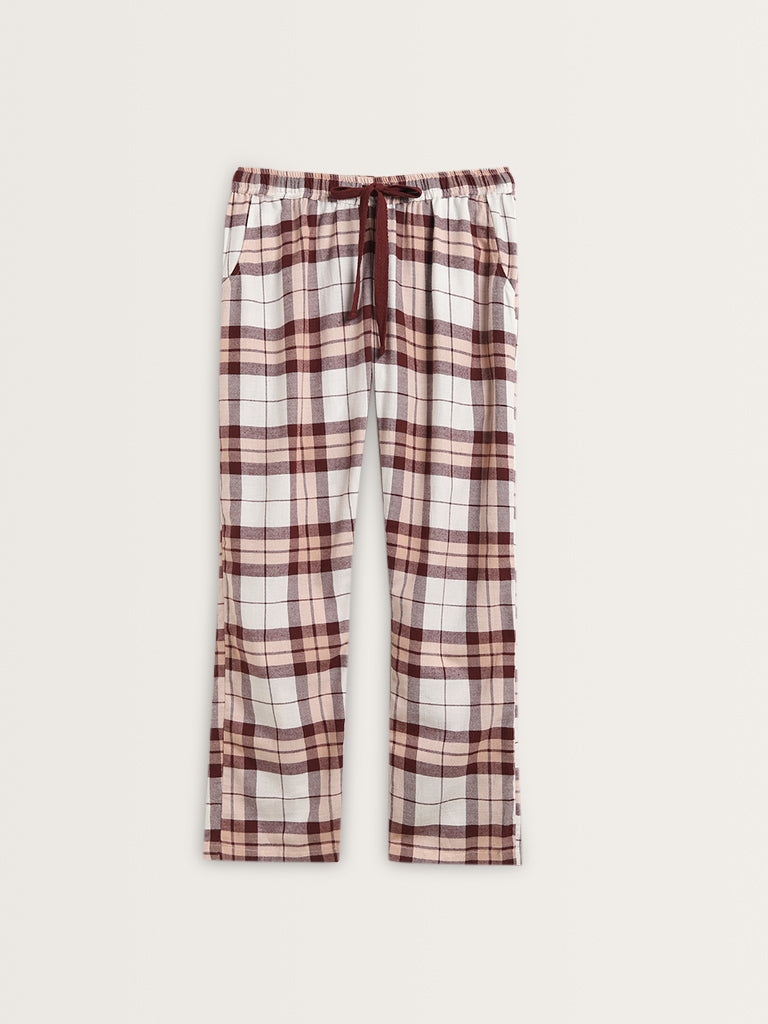 Wunderlove Burgundy Checkered Mid-Rise Cotton Pyjamas