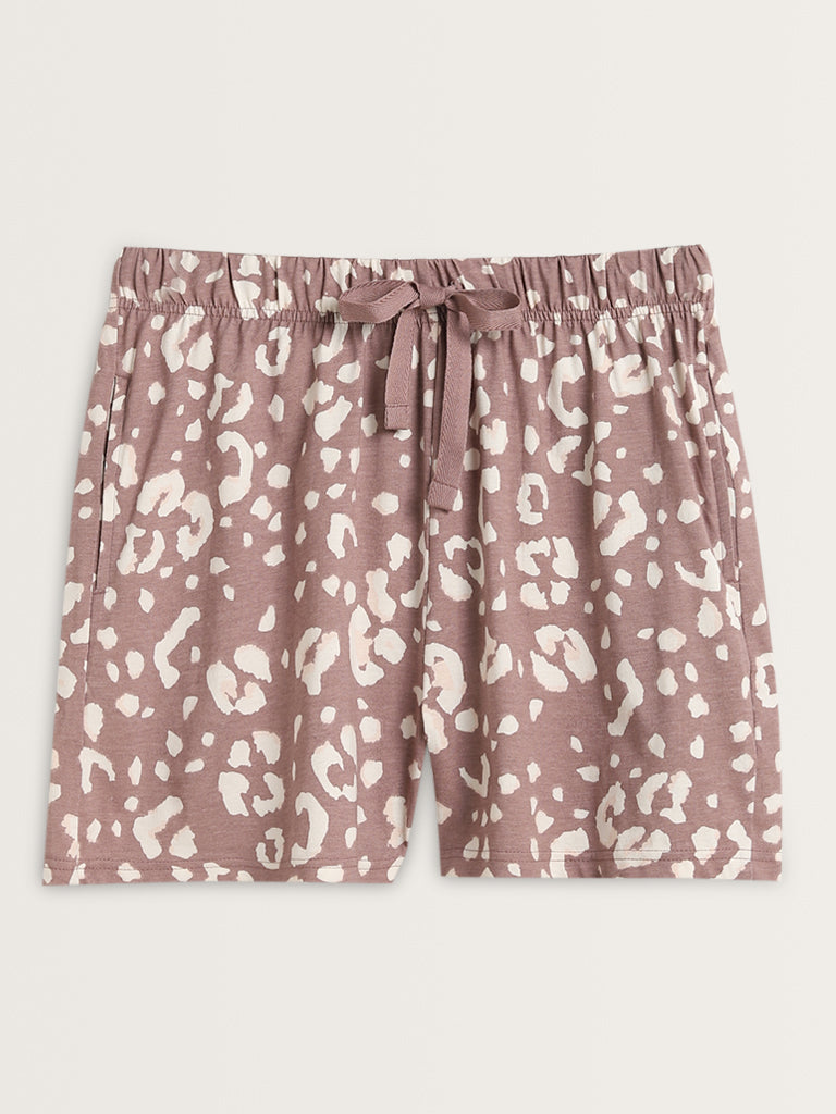 Wunderlove Brown Abstract Printed High-Rise Cotton Shorts