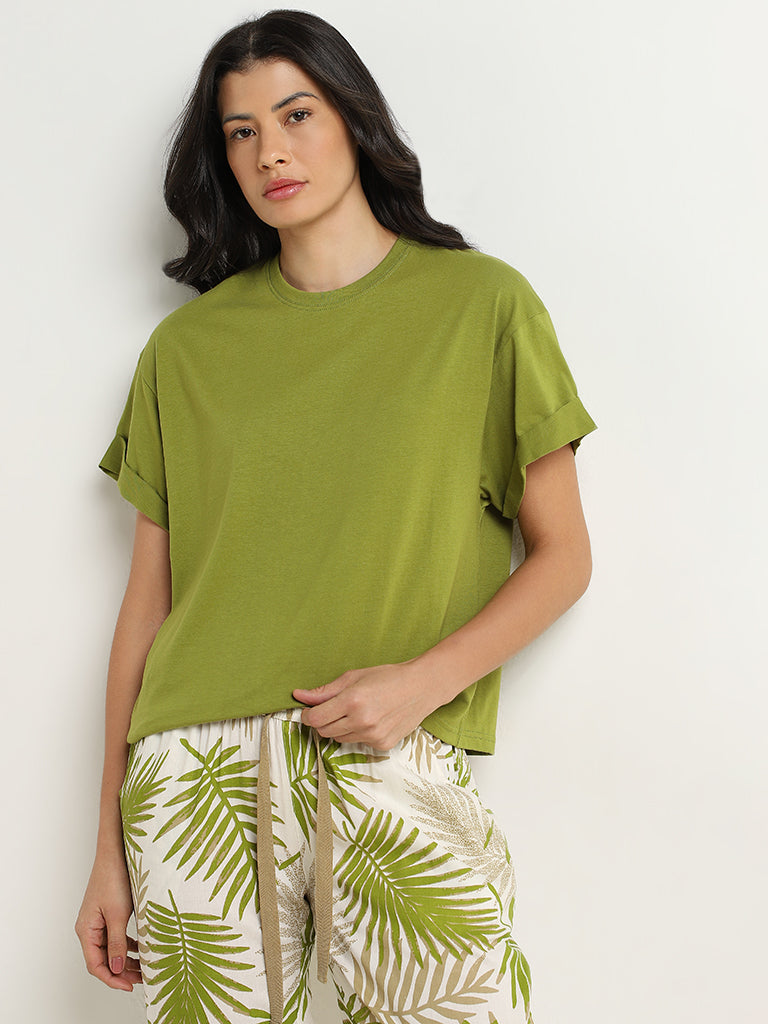 Wunderlove Light Olive Solid Cotton T-Shirt