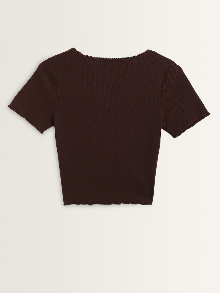 Superstar Brown Ruched-Detailed Cotton Blend Top