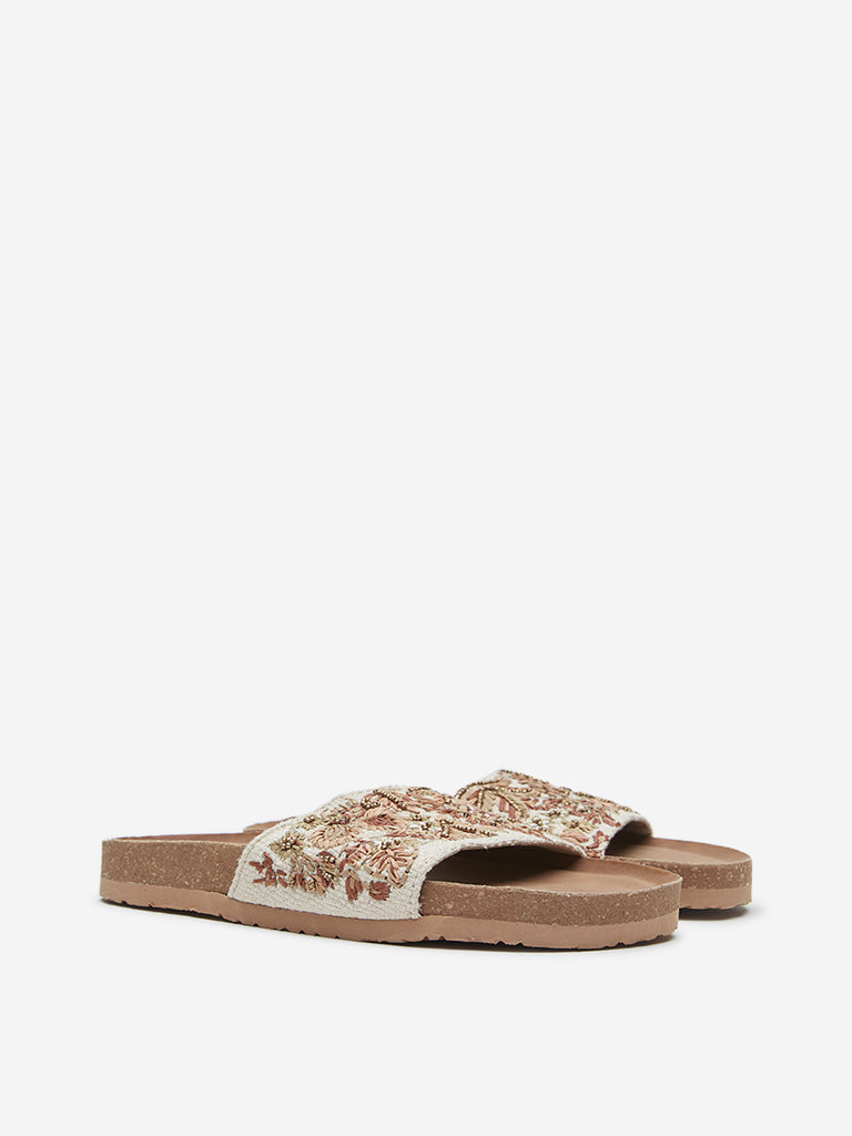 LUNA BLU Beige Tropical Embellished Single Band Slides