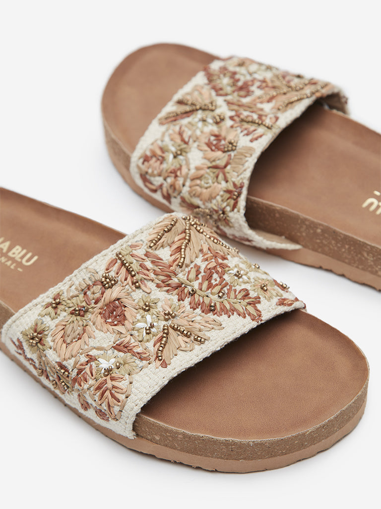 LUNA BLU Beige Tropical Embellished Single Band Slides