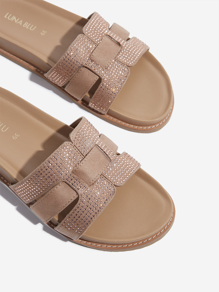 LUNA BLU Beige Embellished Multi-Strap Slides