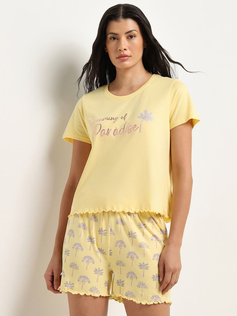 Wunderlove Yellow Typographic Cotton Shorts Set In A Bag