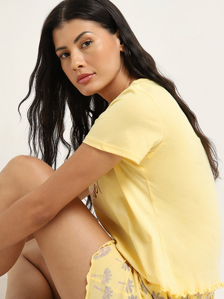 Wunderlove Yellow Typographic Cotton Shorts Set In A Bag