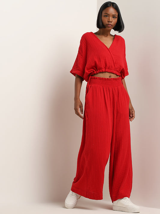 Superstar Red Crinkle Textured High-Rise Cotton Pants