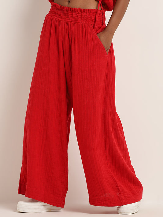 Superstar Red Crinkle Textured High-Rise Cotton Pants