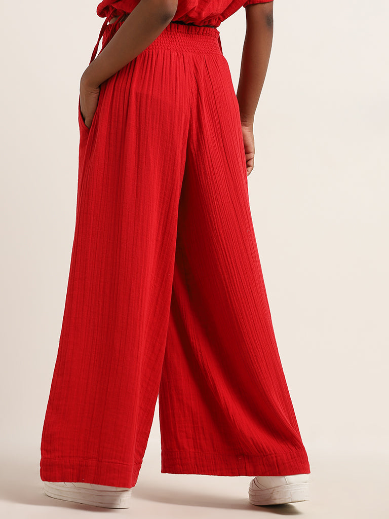 Superstar Red Crinkle Textured High-Rise Cotton Pants