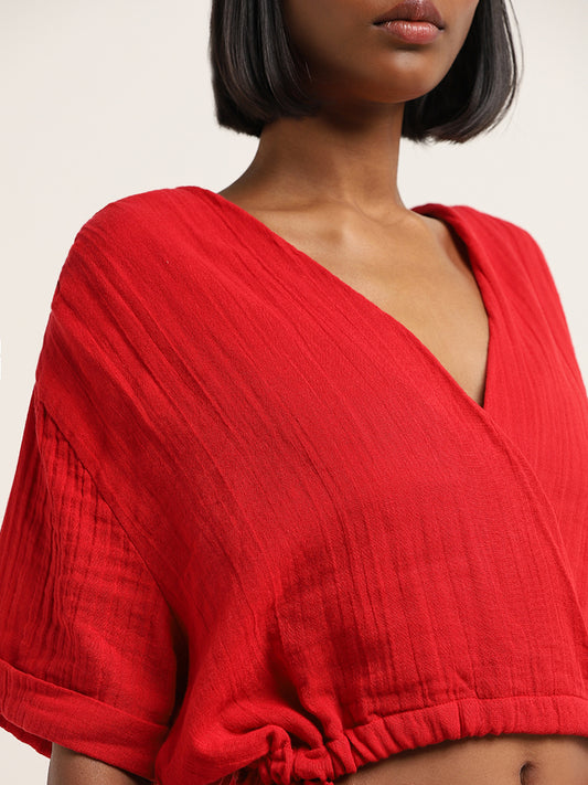 Superstar Red Crinkle Textured Cotton Crop Top
