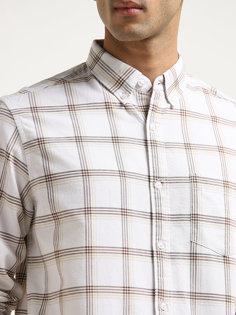 WES Casuals Beige Checks Printed Relaxed-Fit Cotton Shirt