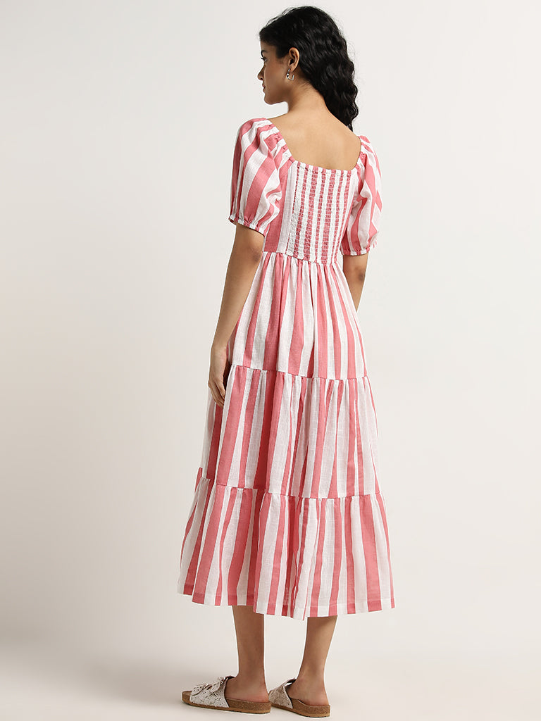 Bombay Paisley Coral Stripe Printed Tiered Cotton Dress