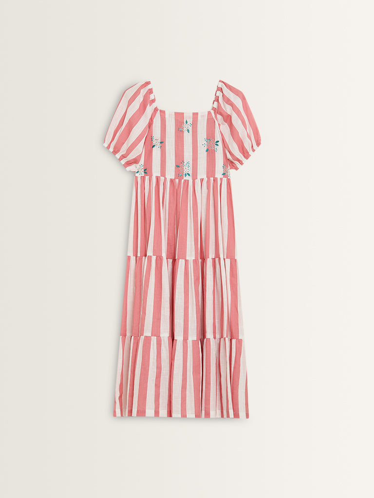 Bombay Paisley Coral Stripe Printed Tiered Cotton Dress