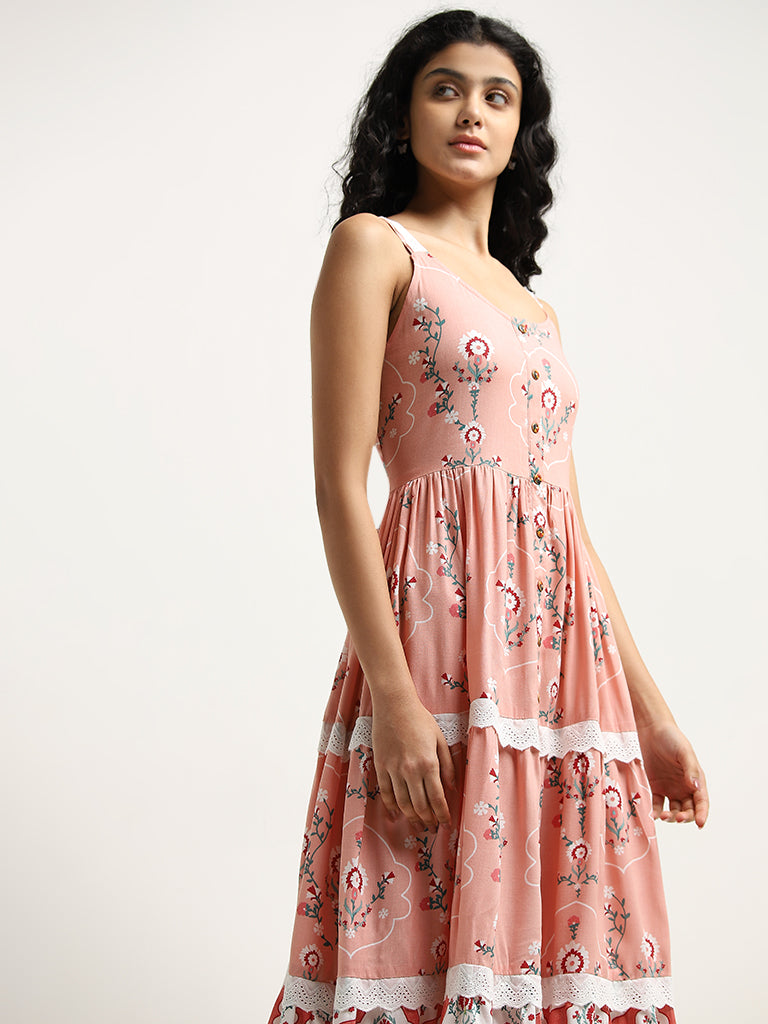 Bombay Paisley Light Coral Floral Design Tiered Dress