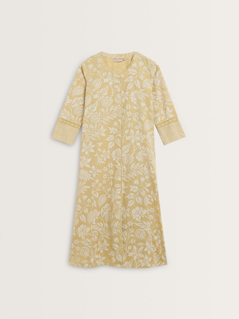 Utsa Yellow Botanical Printed A-Line Cotton Blend Kurta