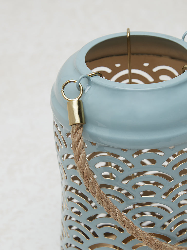 Westside Home Dusty Blue Fretwork Design Lantern