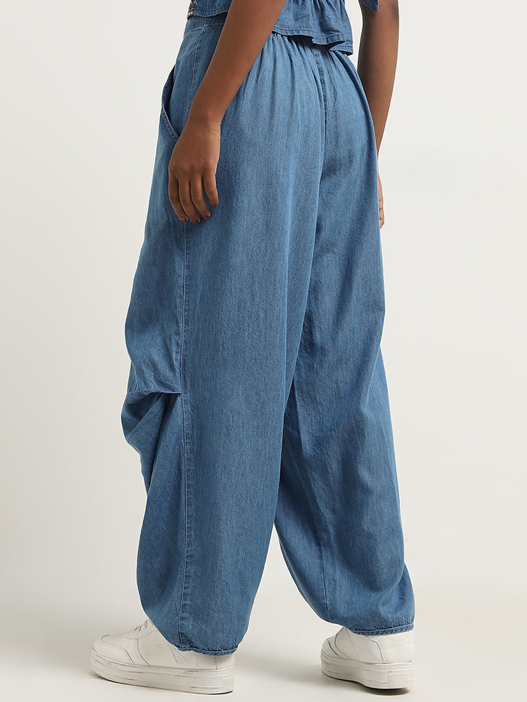 Bombay Paisley Blue Patiala-Style High-Rise Denim Pants