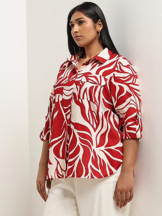 Gia Red Leaf Printed Cotton Shirt