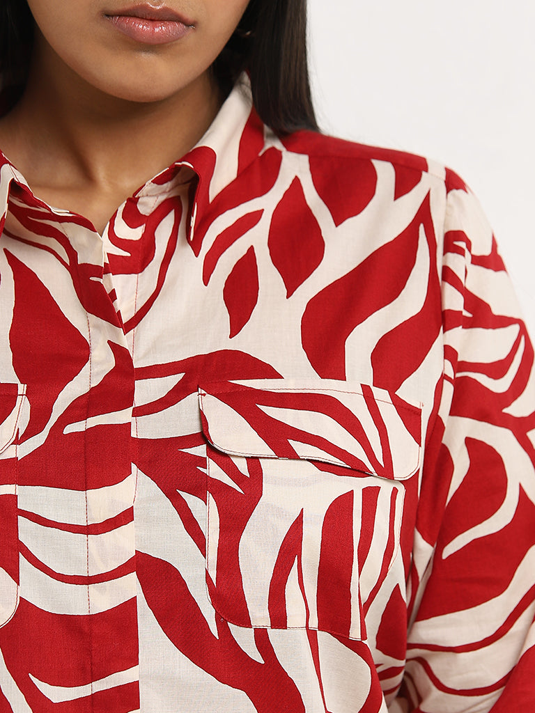 Gia Red Leaf Printed Cotton Shirt