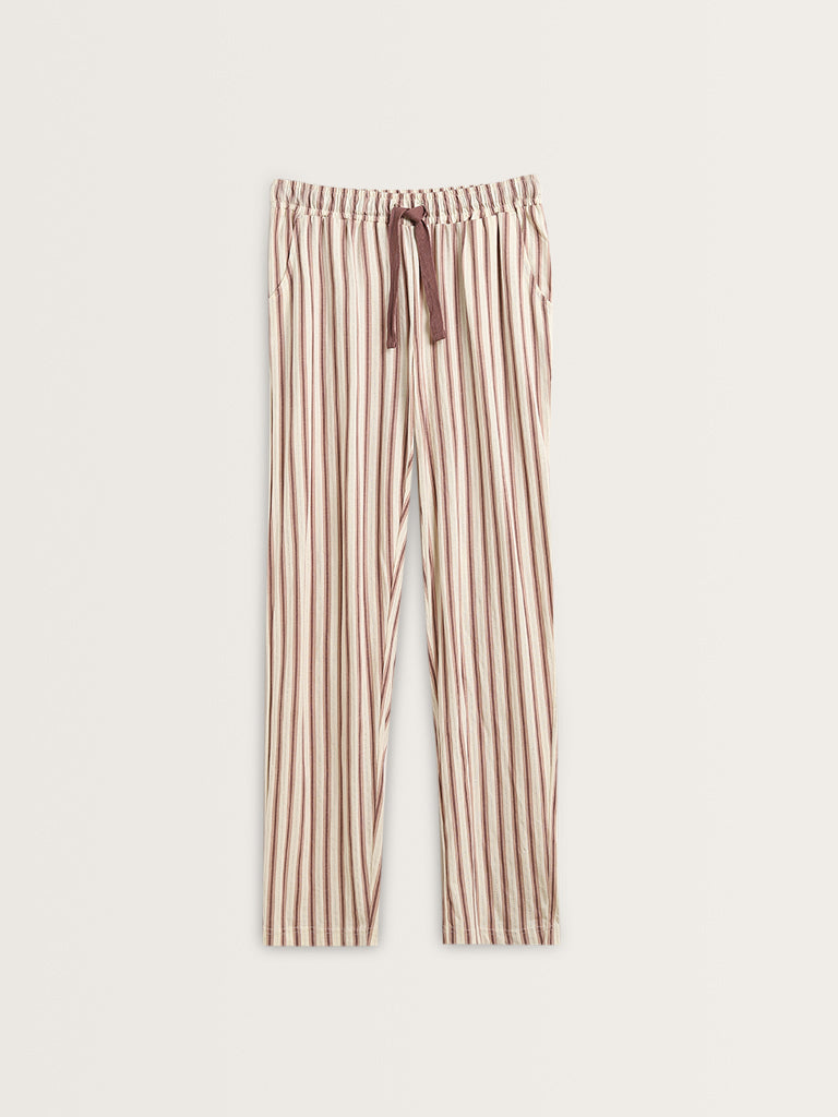 Wunderlove Beige Striped Mid-Rise Cotton Pyjamas