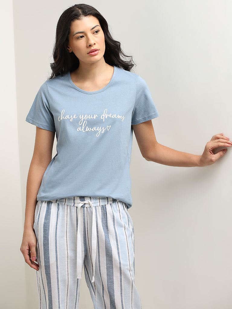 Wunderlove Dusty Blue Text Printed Cotton T-Shirt