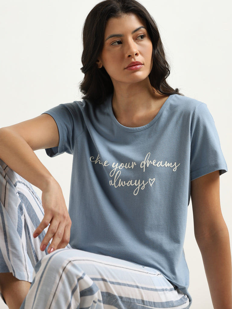 Wunderlove Dusty Blue Text Printed Cotton T-Shirt