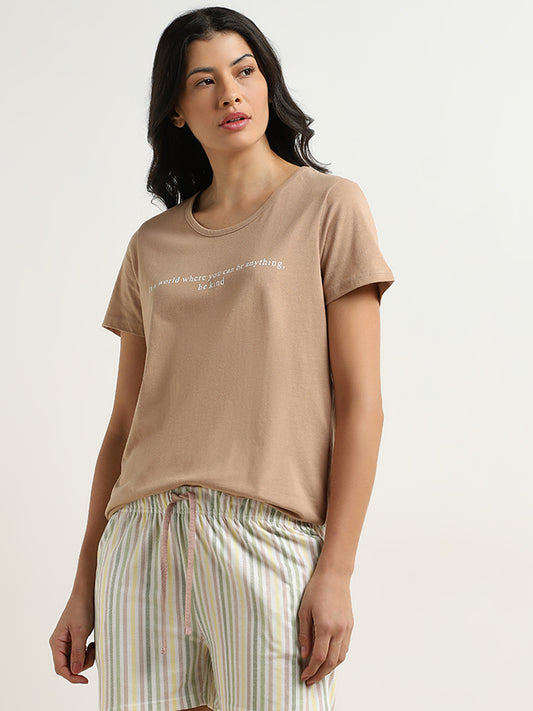 Wunderlove Taupe Typographic Design Cotton T-Shirt