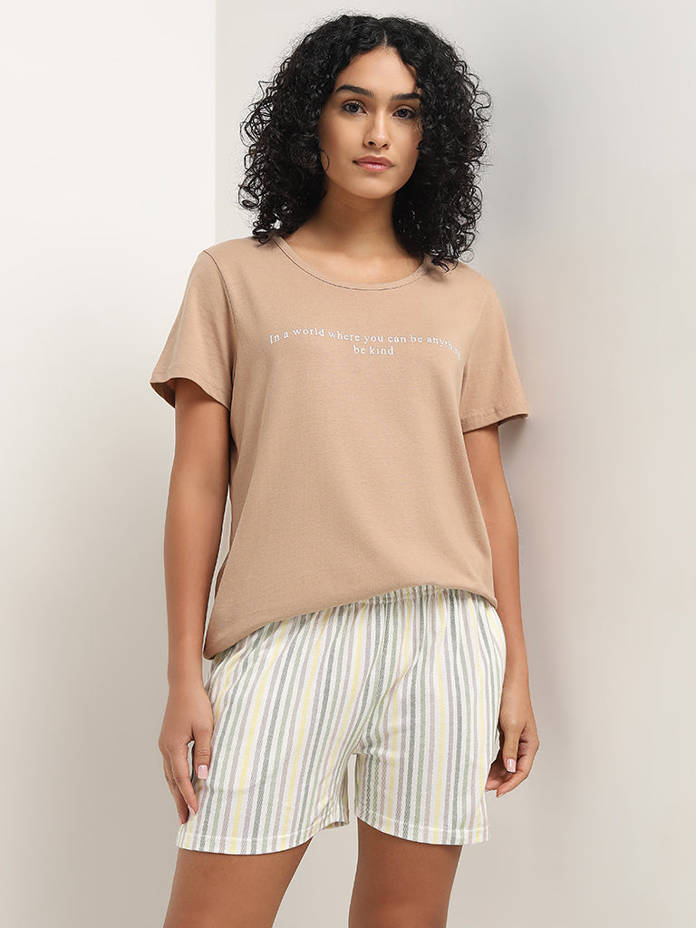 Wunderlove Taupe Typographic Design Cotton T-Shirt