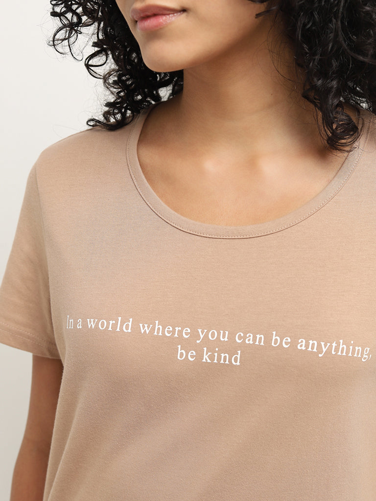 Wunderlove Taupe Typographic Design Cotton T-Shirt