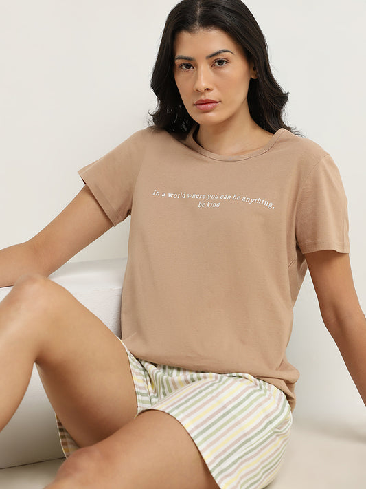 Wunderlove Taupe Typographic Design Cotton T-Shirt