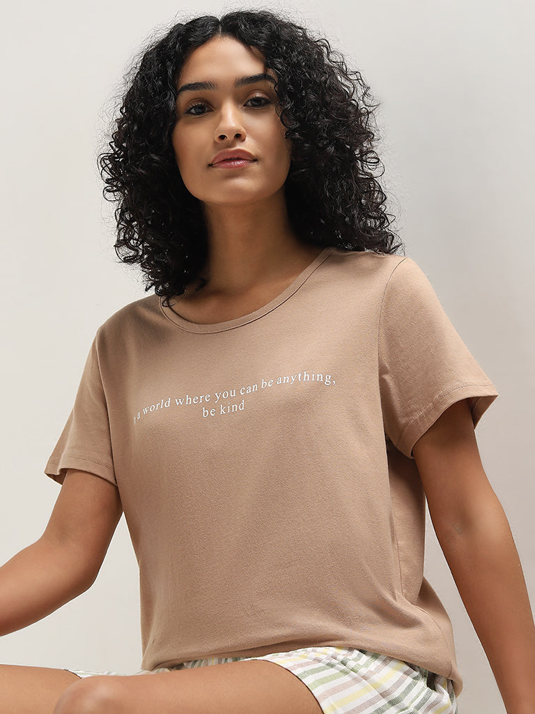 Wunderlove Taupe Typographic Design Cotton T-Shirt