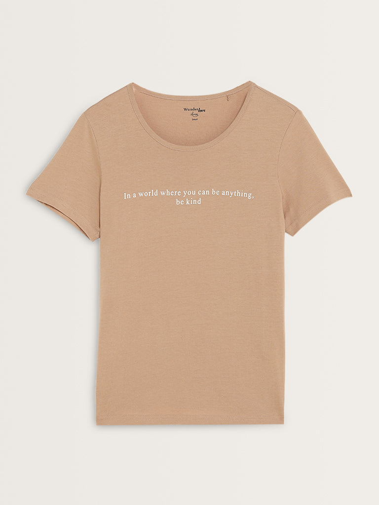 Wunderlove Taupe Typographic Design Cotton T-Shirt