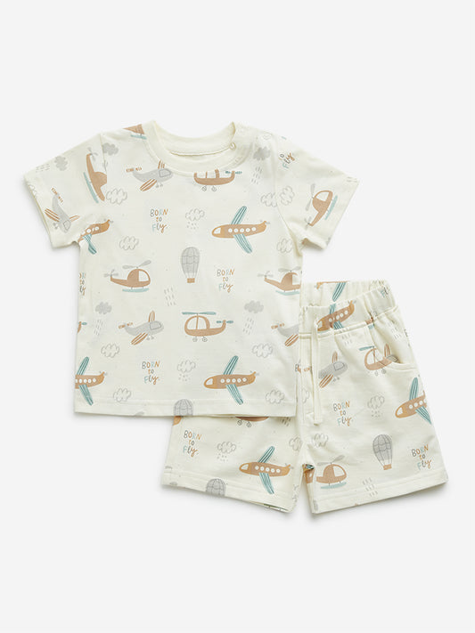 HOP Baby Off-White Helicopter Printed Cotton T-Shirt with Shorts Set