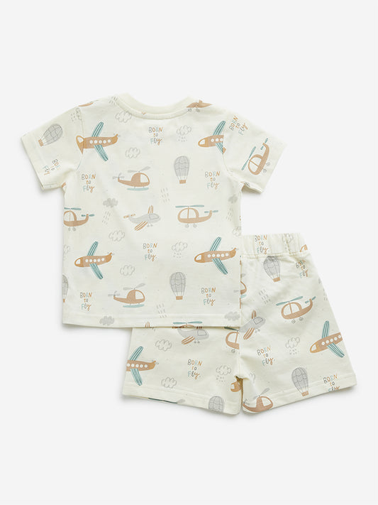 HOP Baby Off-White Helicopter Printed Cotton T-Shirt with Shorts Set