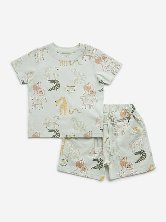 HOP Baby Sage Animal Pattern Cotton T-Shirt with Shorts Set