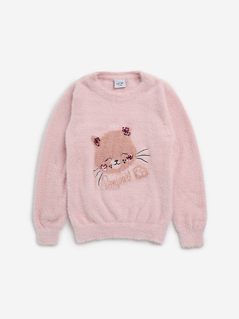 HOP Kids Light Pink Animal Design Faux-Fur Sweater