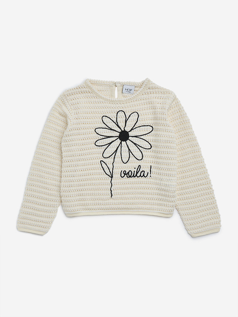 HOP Kids Beige Floral Embroidered Knitted Cotton Sweater