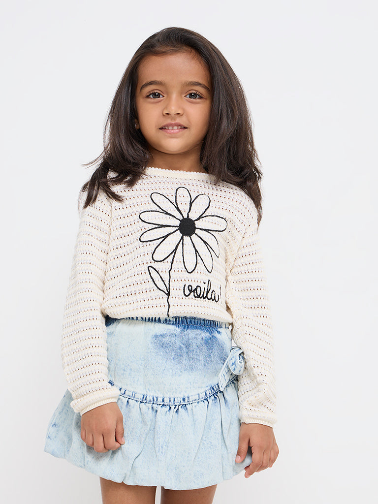 HOP Kids Beige Floral Embroidered Knitted Cotton Sweater