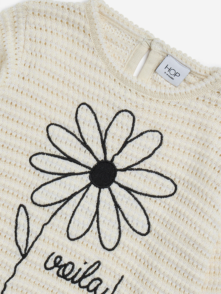 HOP Kids Beige Floral Embroidered Knitted Cotton Sweater