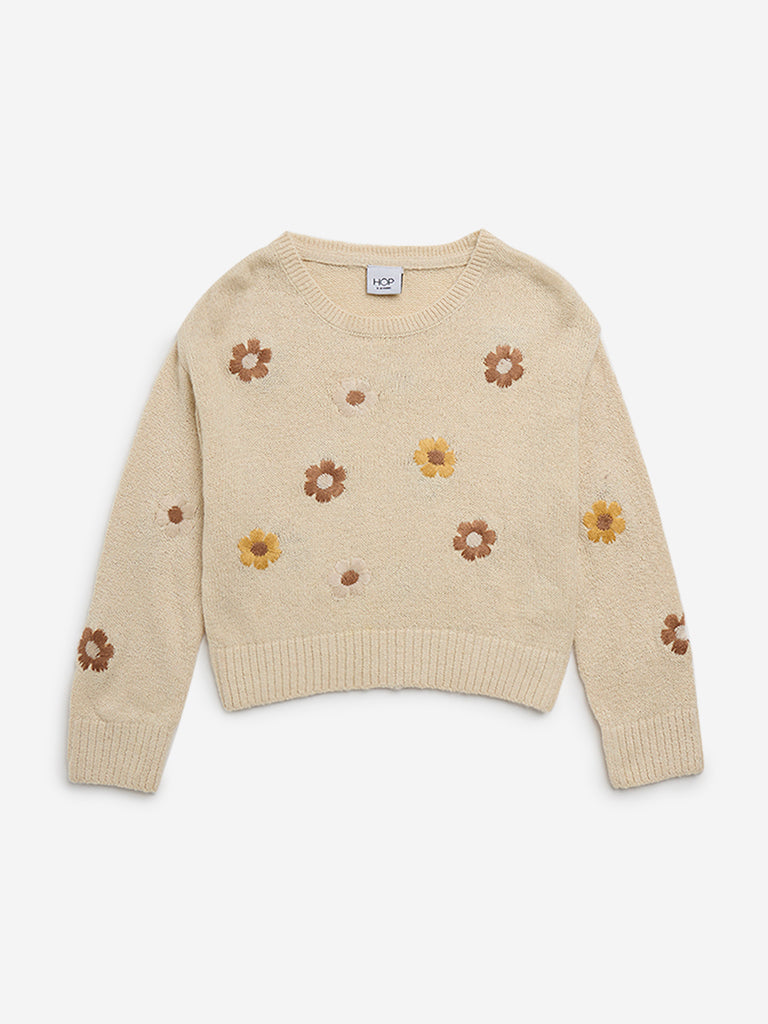 HOP Kids Beige Floral Embroidered Sweater