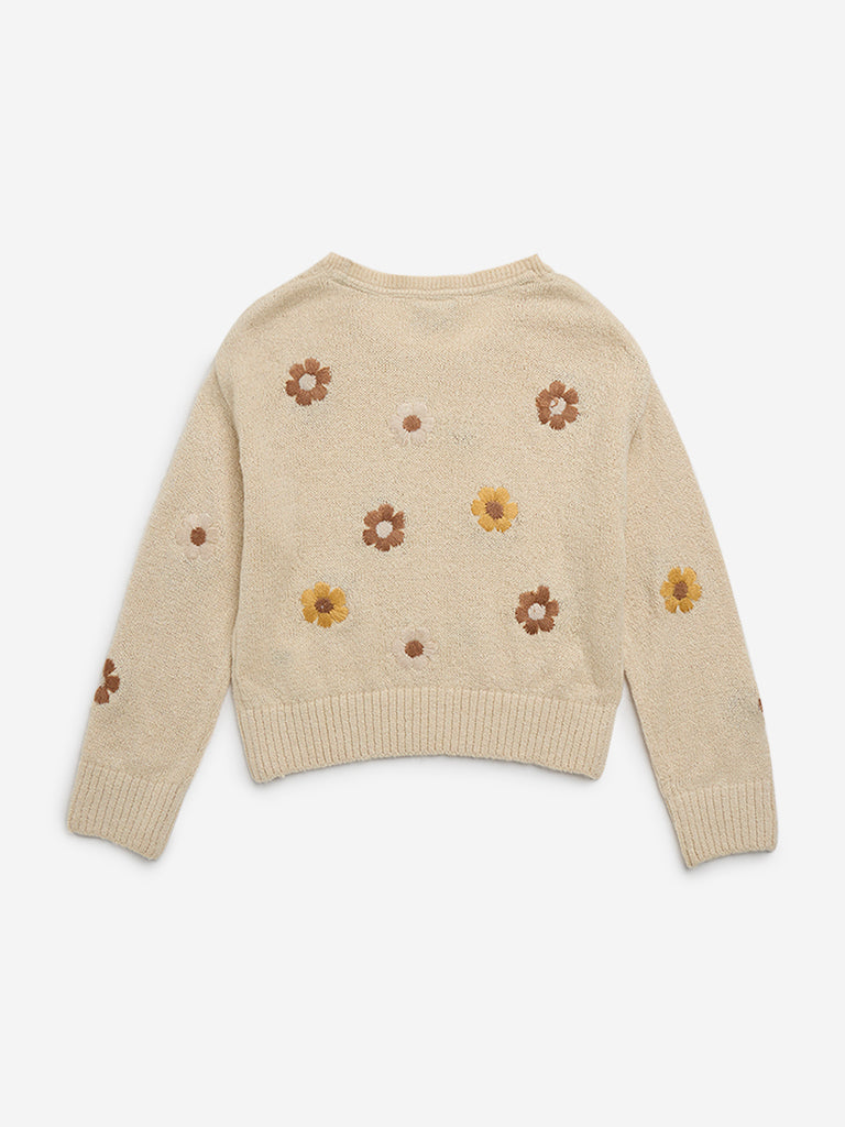 HOP Kids Beige Floral Embroidered Sweater