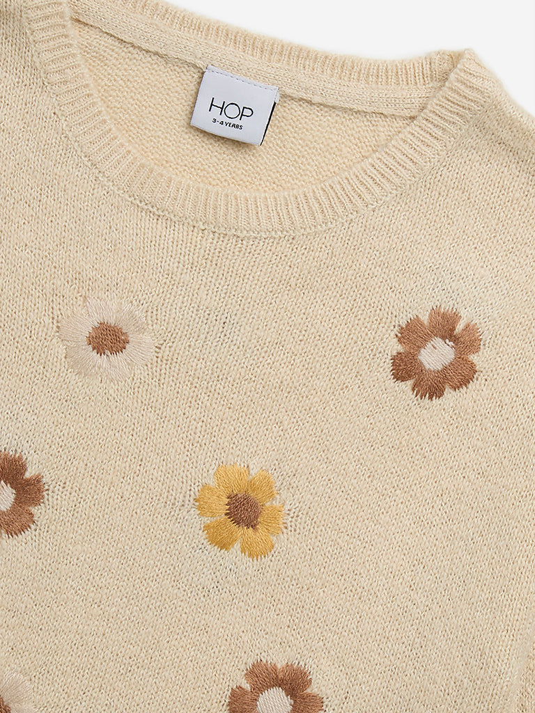 HOP Kids Beige Floral Embroidered Sweater