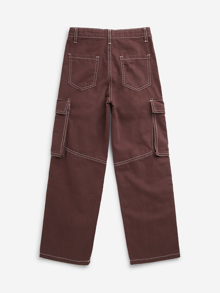 Y&F Kids Dark Brown Cargo-Style Mid-Rise Cotton Trousers