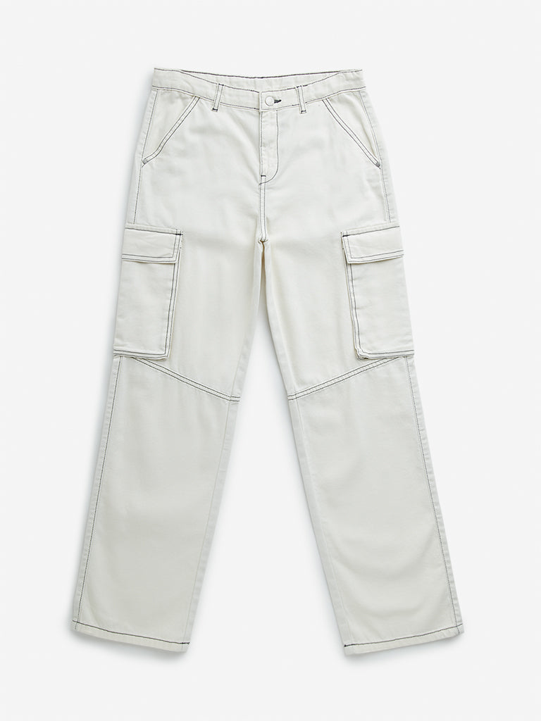 Y&F Kids Off-White Cargo-Style Mid-Rise Cotton Trousers