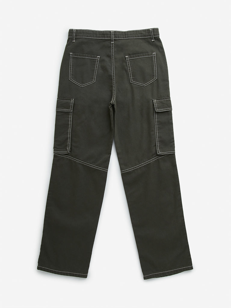 Y&F Kids Olive Cargo-Style Mid-Rise Cotton Trousers