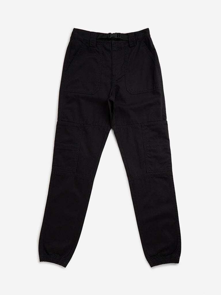 Y&F Kids Black Pack Buckle Mid-Rise Cotton Joggers