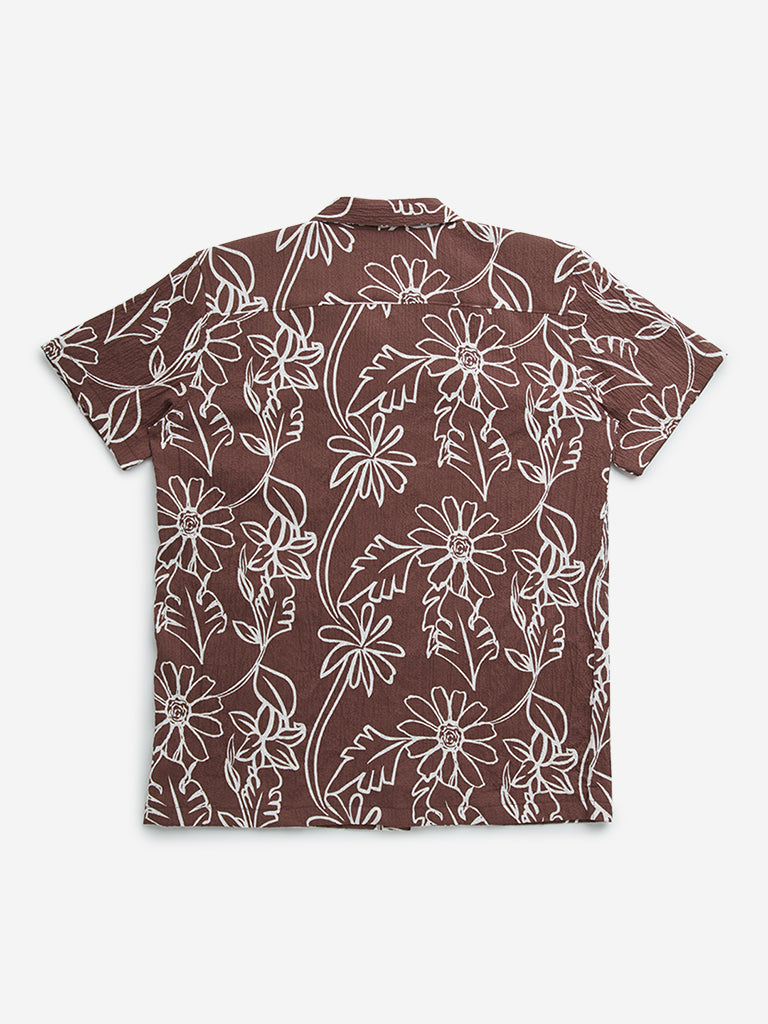 Y&F Kids Brown Floral Pattern Resort-Fit Shirt