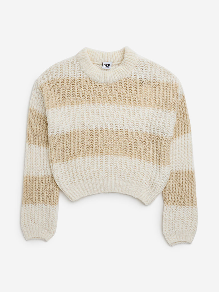 Y&F Kids Beige Stripe Printed Knitted Sweater