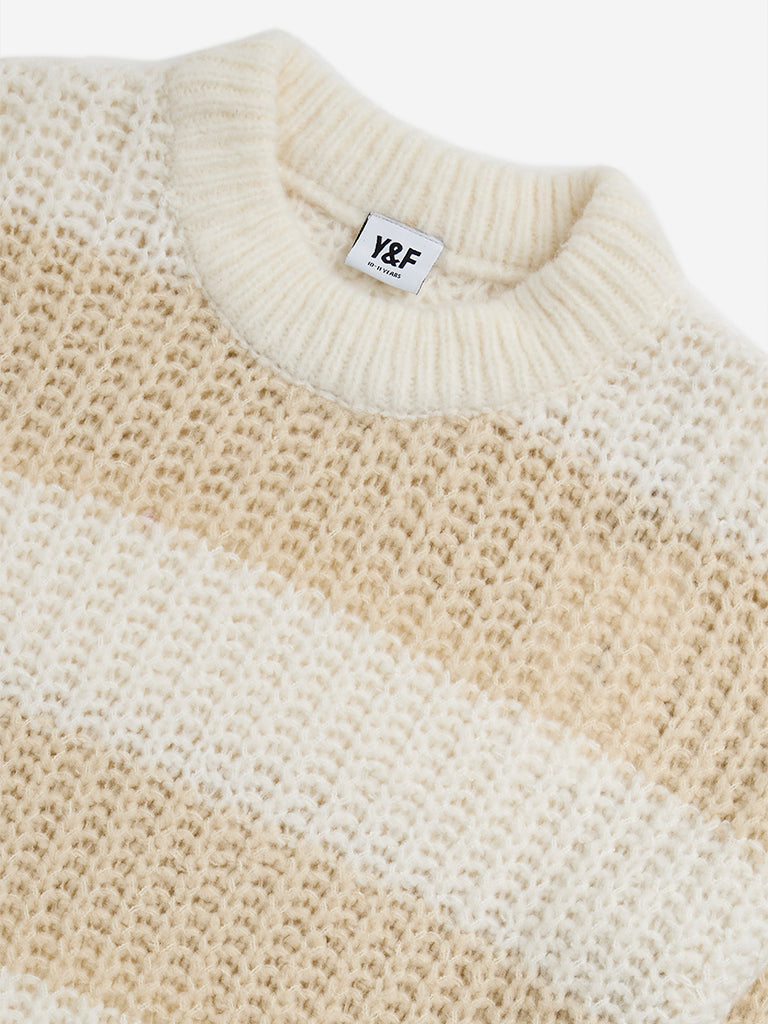 Y&F Kids Beige Stripe Printed Knitted Sweater