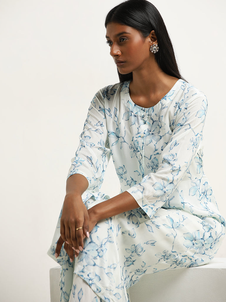 Zuba Light Blue Floral Design A-Line Kurta